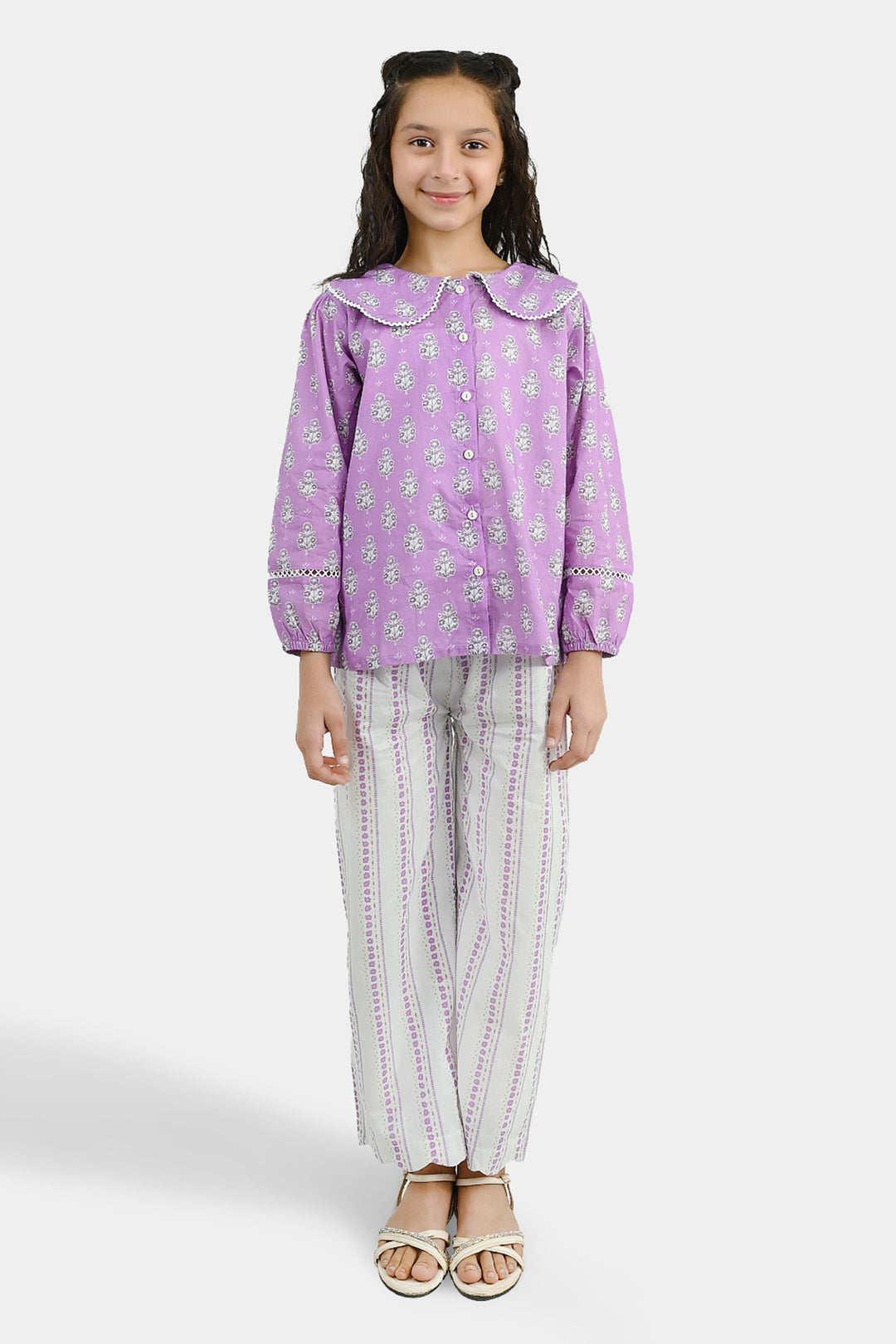 Girls Cotton Co-Ord Set Ruffles-Purple