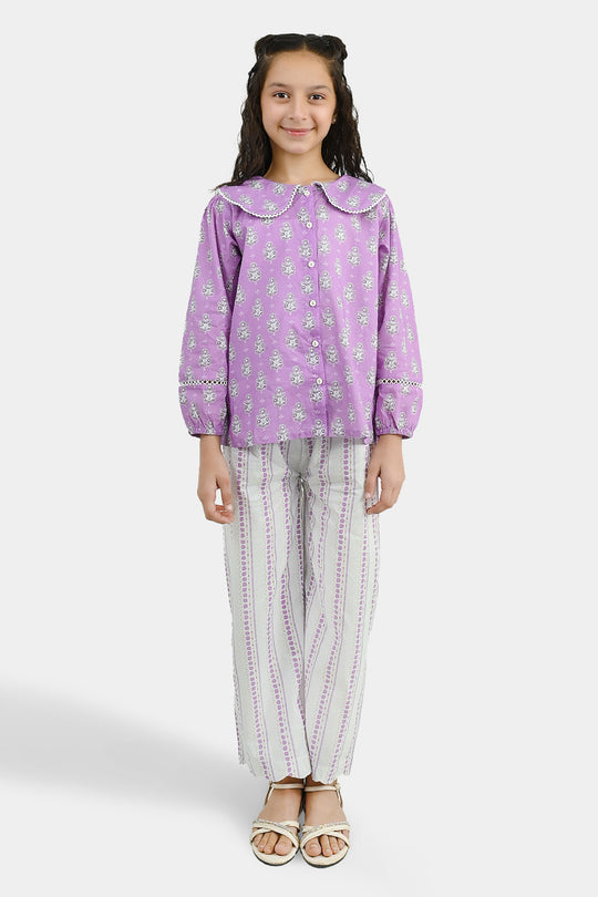 Girls Cotton Co-Ord Set Ruffles-Purple
