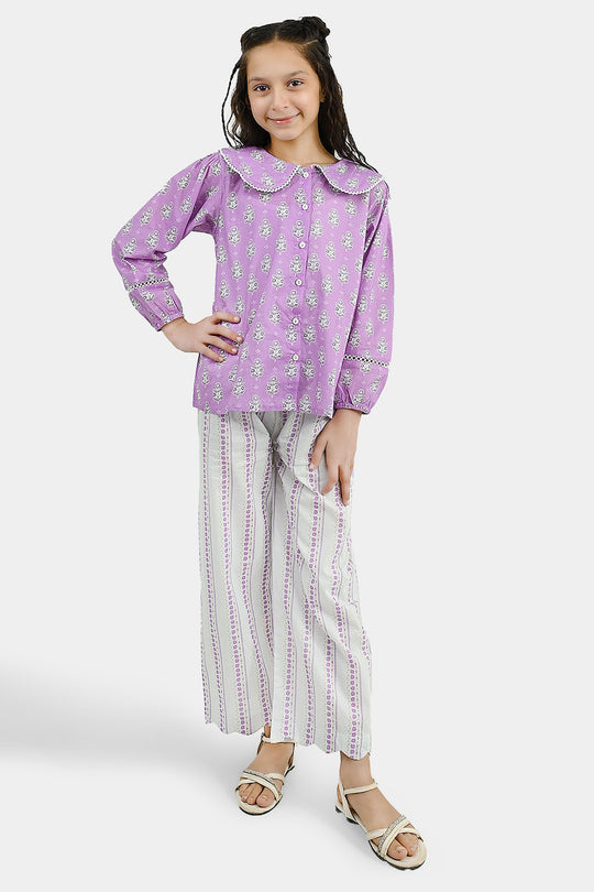 Girls Cotton Co-Ord Set Ruffles-Purple