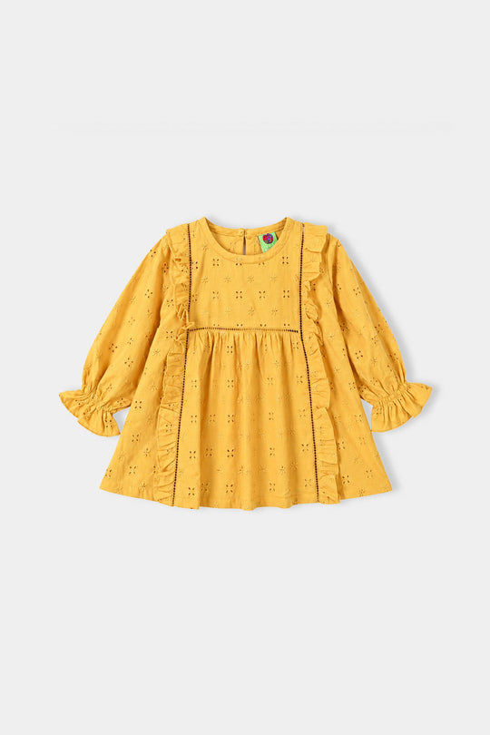 Infant Girls Cotton Emb Top Shine-Mustard