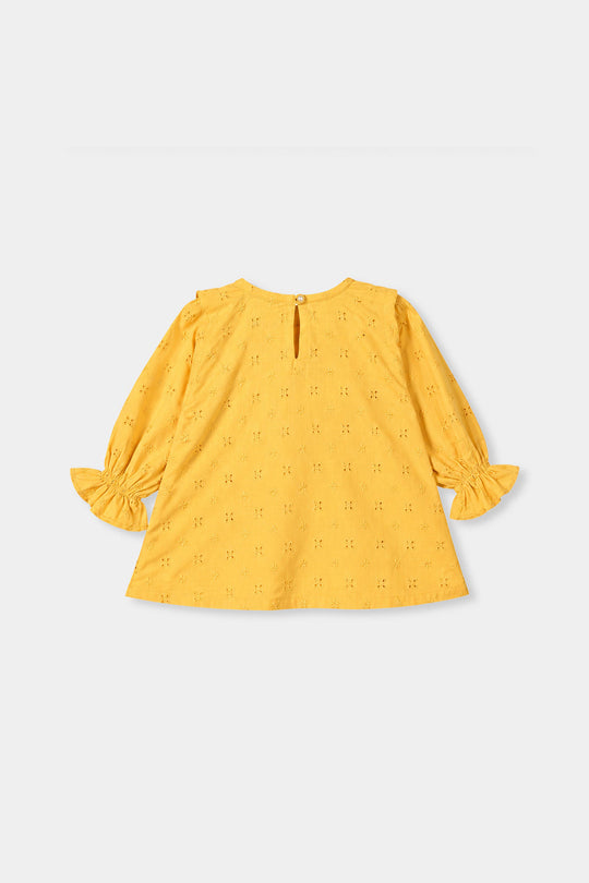 Infant Girls Cotton Emb Top Shine-Mustard