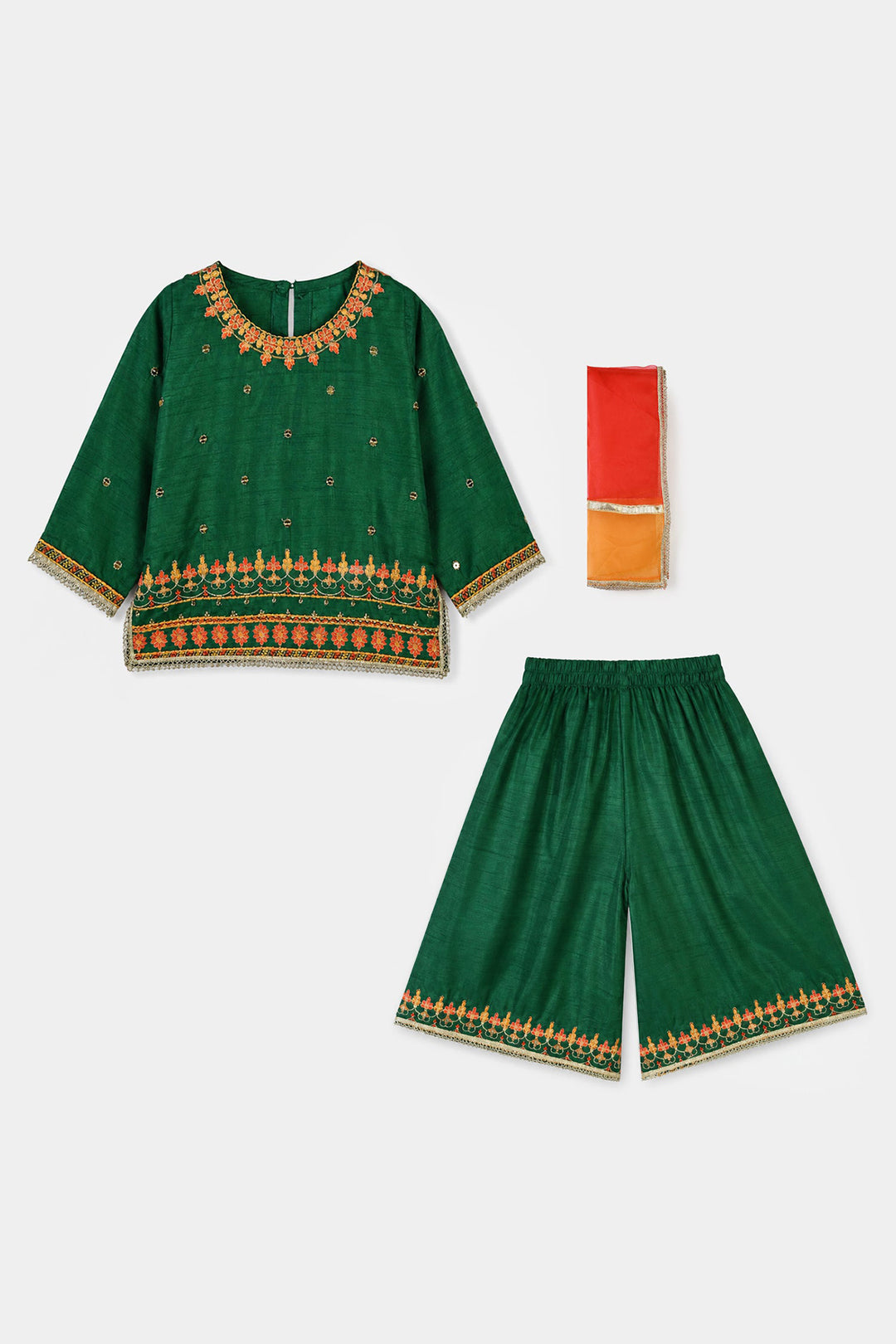 Infant Girls Raw Silk 3Pcs Maha Rani-Green