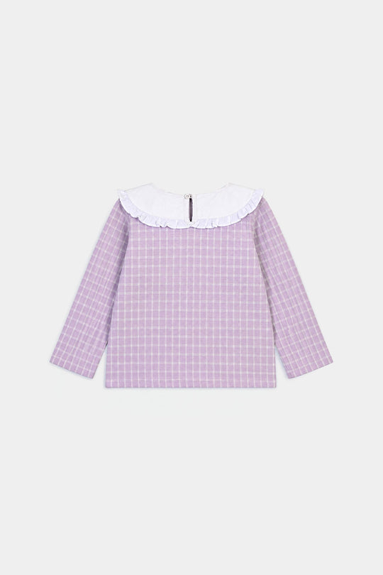 Girls Yarn Dyed 2Pcs Suit Flower Embroidery-Purple