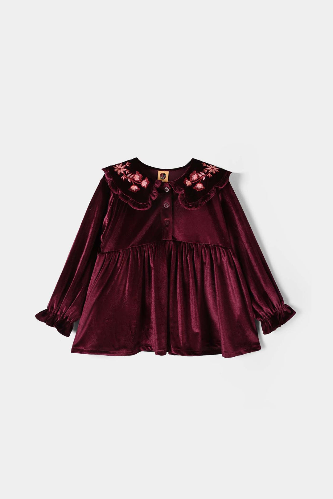 Girls Velvet Emb Top Floral-MAROON