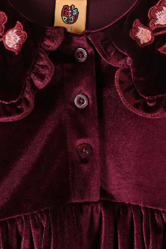 Girls Velvet Emb Top Floral-MAROON