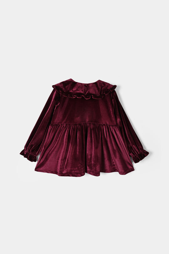 Girls Velvet Emb Top Floral-MAROON