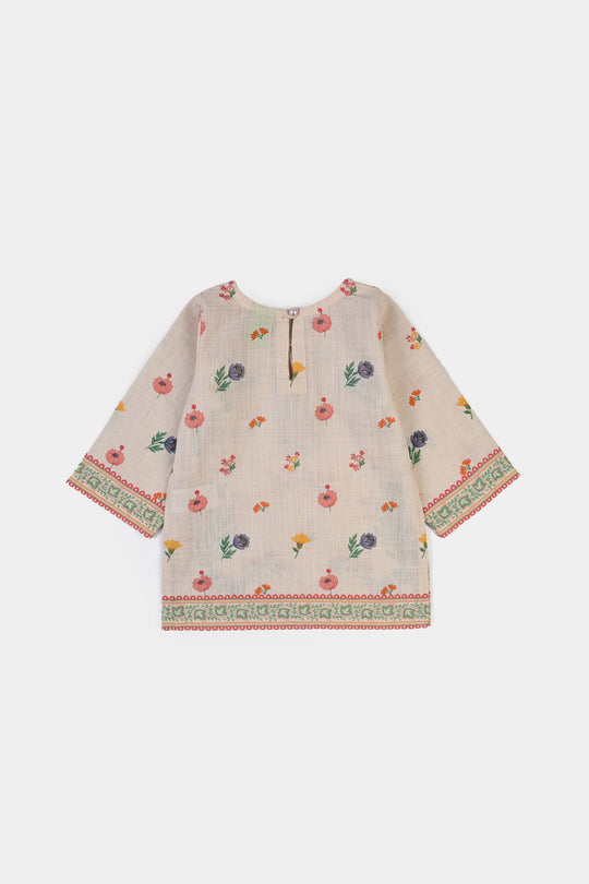 Infant Girls Cotton Printed 2Pcs Flowers- Beige