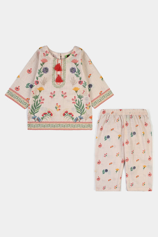 Infant Girls Cotton Printed 2Pcs Flowers- Beige