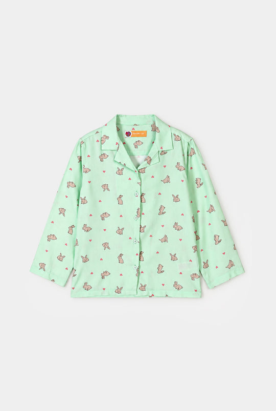 Girls Linen Viscose Nightwear-Rabbit-LT.Green