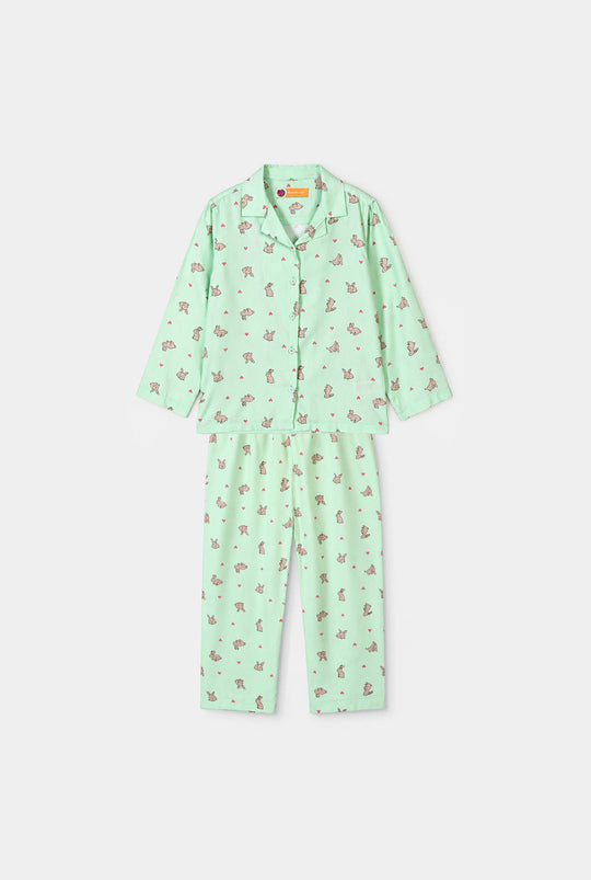 Girls Linen Viscose Nightwear-Rabbit-LT.Green