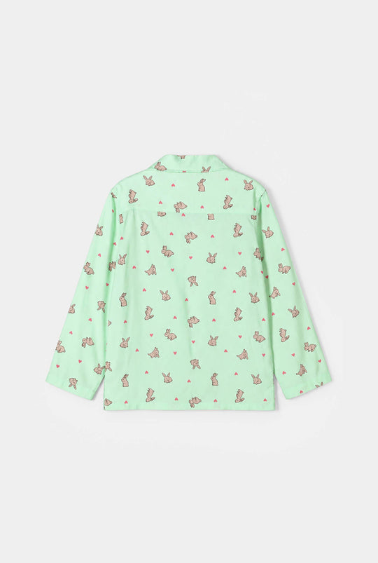 Girls Linen Viscose Nightwear-Rabbit-LT.Green