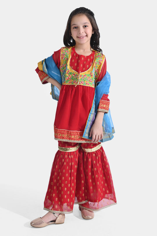 Girls Chiffon 3 PCs Suit An Khai-Red
