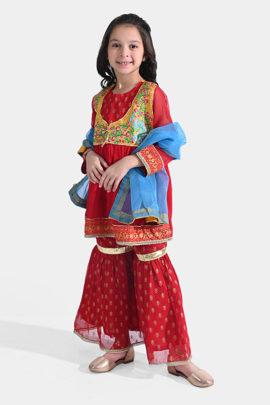 Girls Chiffon 3 PCs Suit An Khai-Red