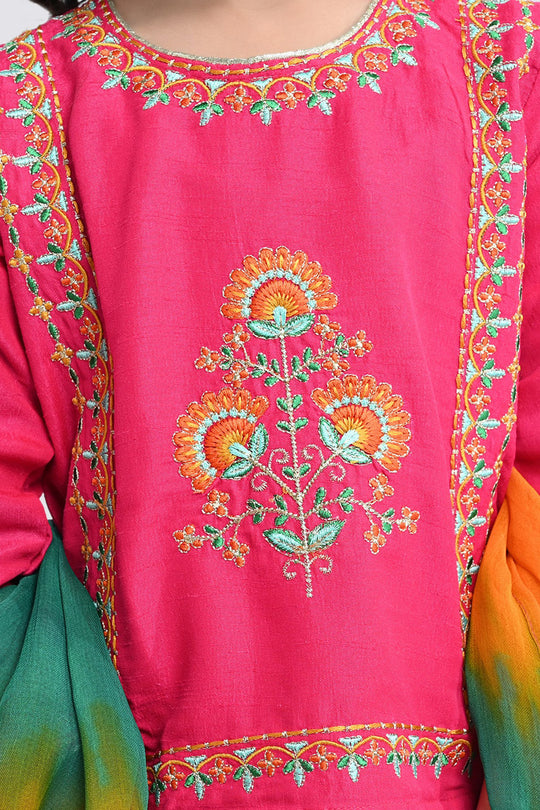 Girls Raw Silk 3PCs Suit Noor-e-DIL -Hot Pink