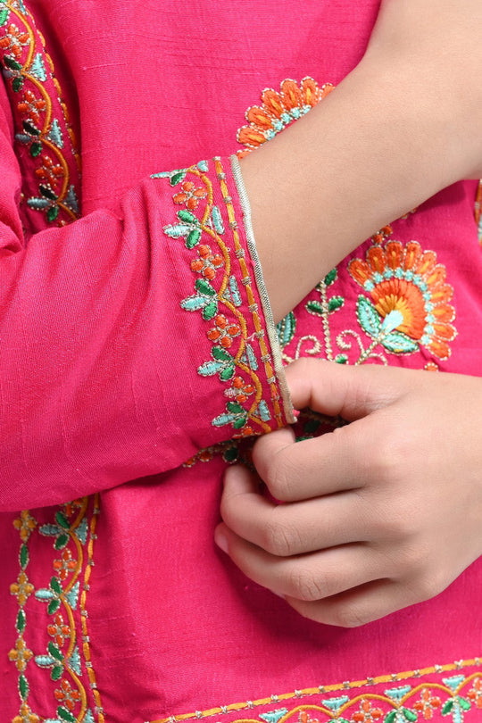 Girls Raw Silk 3PCs Suit Noor-e-DIL -Hot Pink