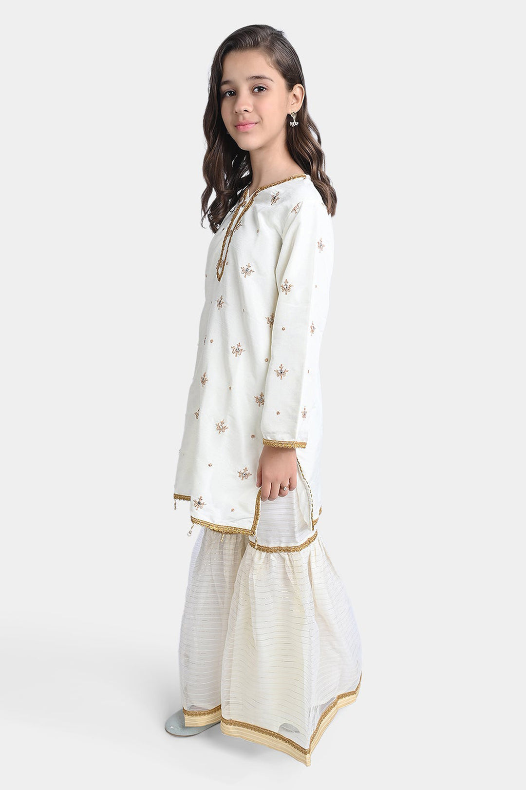 Girls Raw Silk 3Pcs Nikhaar-Ivory