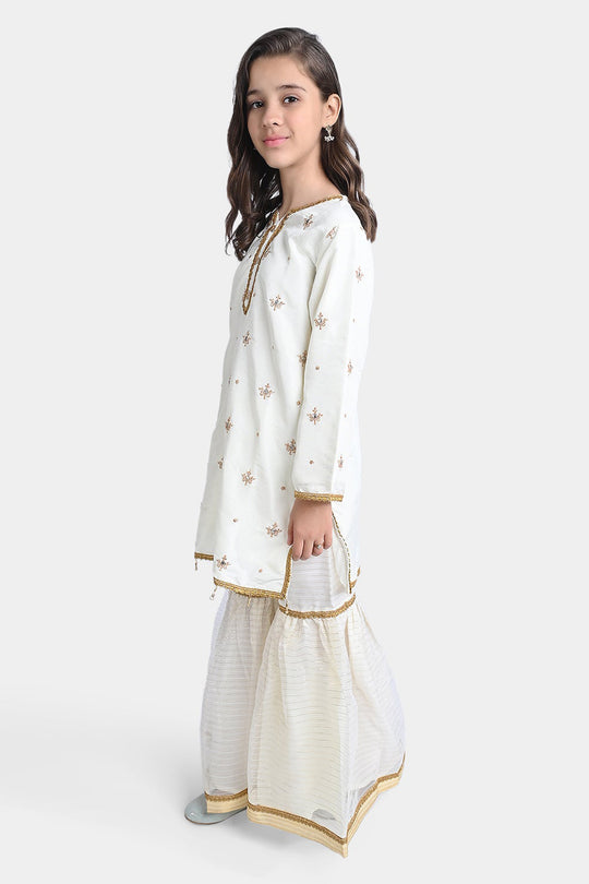 Girls Raw Silk 3Pcs Nikhaar-Ivory