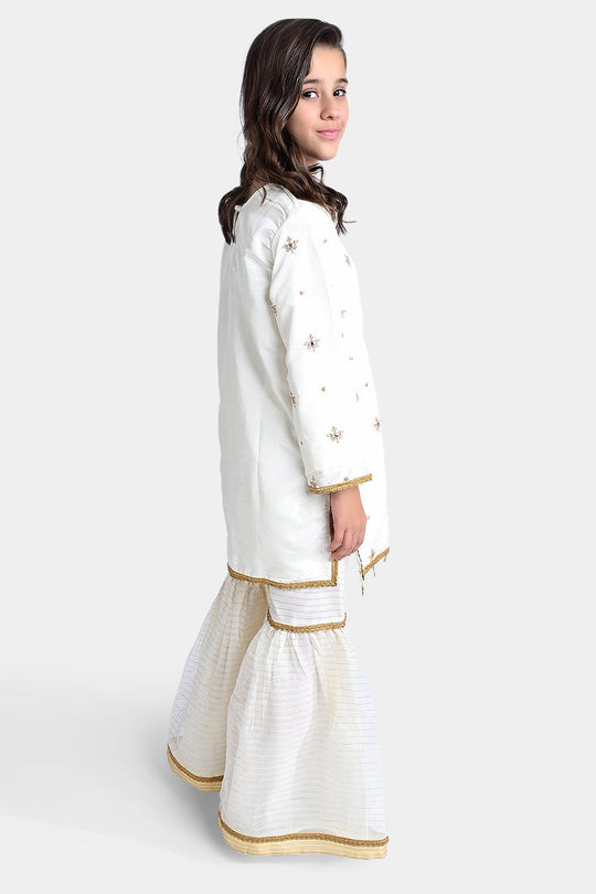 Girls Raw Silk 3Pcs Nikhaar-Ivory