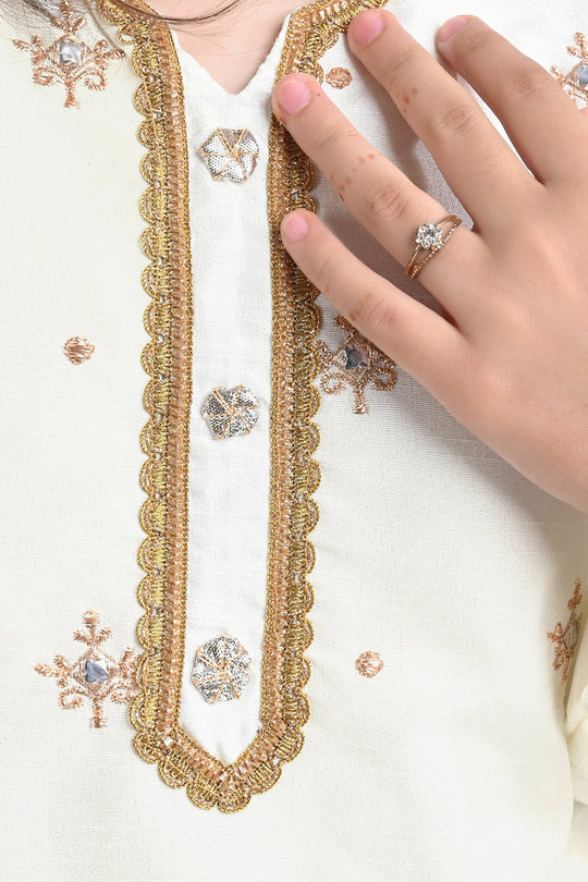 Girls Raw Silk 3Pcs Nikhaar-Ivory