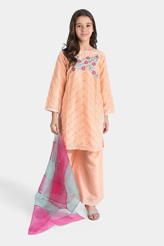 Girls Raw Silk 3Pcs Delicate-Peach