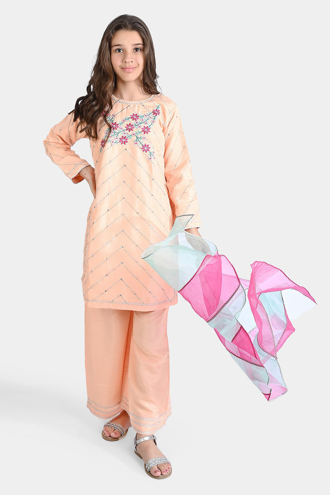 Girls Raw Silk 3Pcs Delicate-Peach