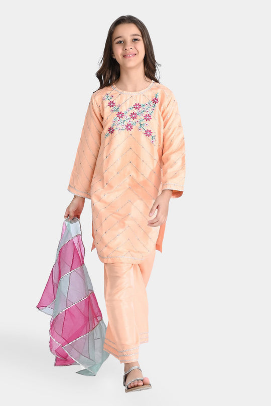 Girls Raw Silk 3Pcs Delicate-Peach