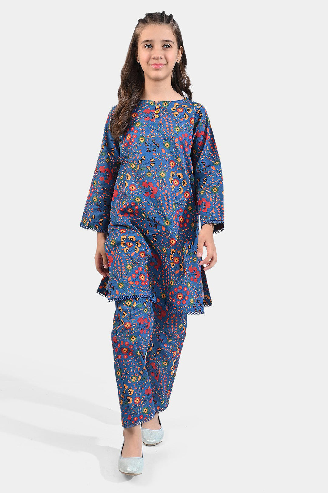 Girls Cotton Slub Printed 2 PCs Suit Phulkari - Navy Blue