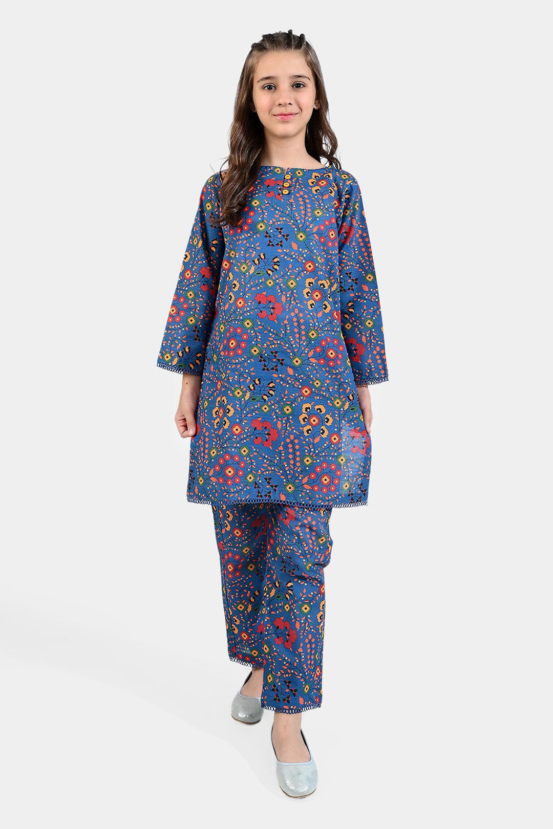 Girls Cotton Slub Printed 2 PCs Suit Phulkari - Navy Blue