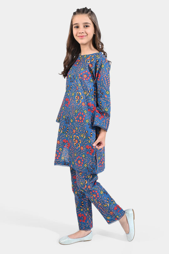 Girls Cotton Slub Printed 2 PCs Suit Phulkari - Navy Blue