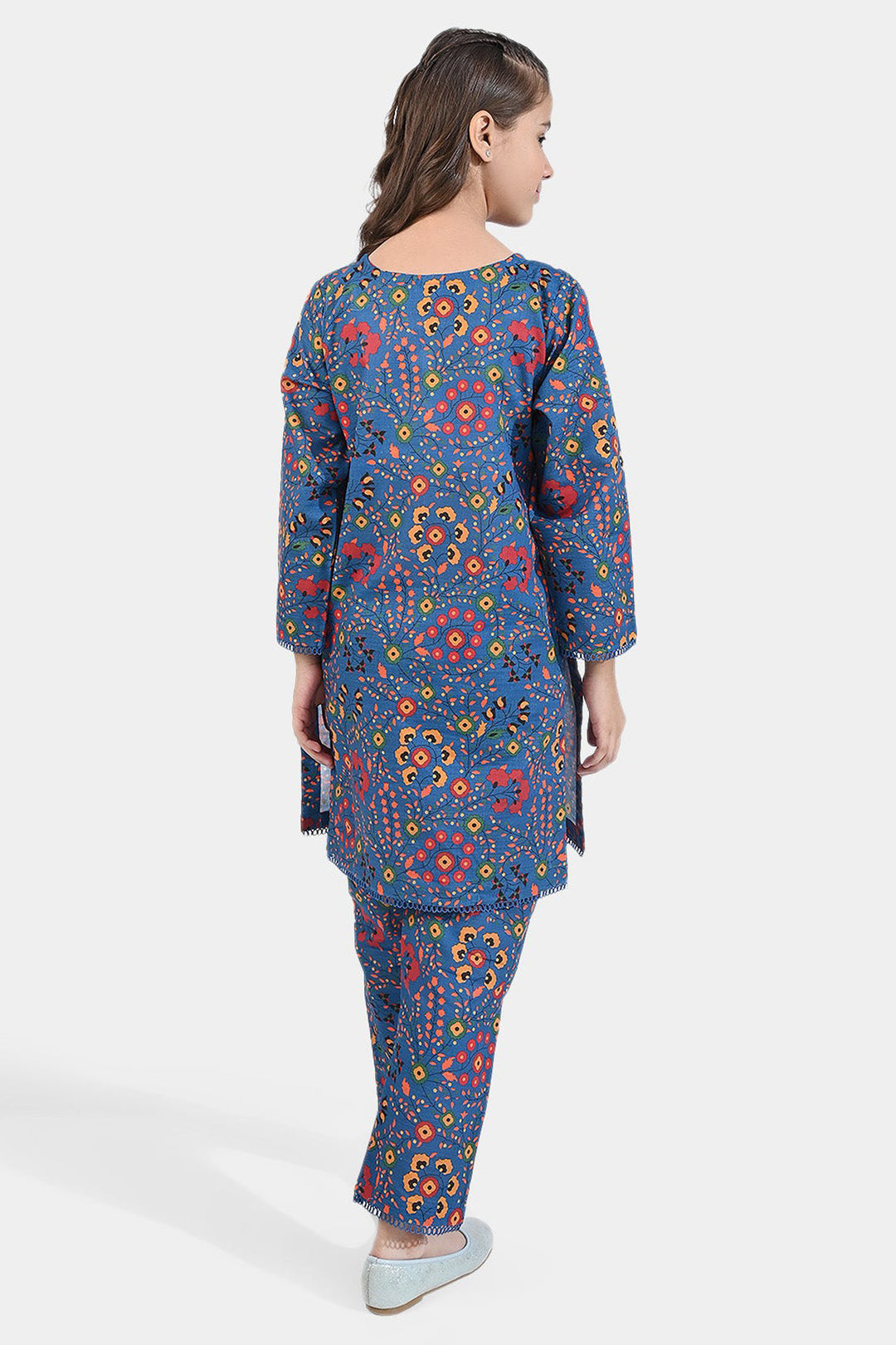 Girls Cotton Slub Printed 2 PCs Suit Phulkari - Navy Blue