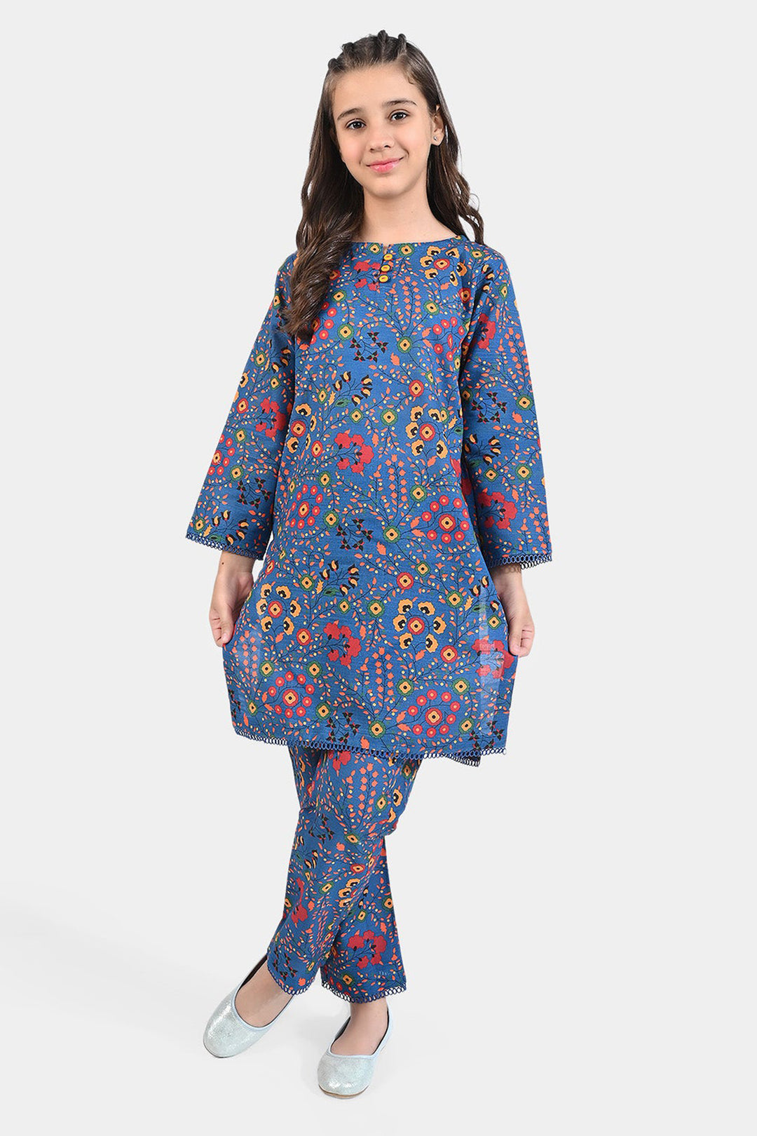 Girls Cotton Slub Printed 2 PCs Suit Phulkari - Navy Blue