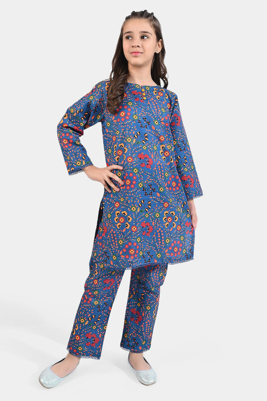 Girls Cotton Slub Printed 2 PCs Suit Phulkari - Navy Blue