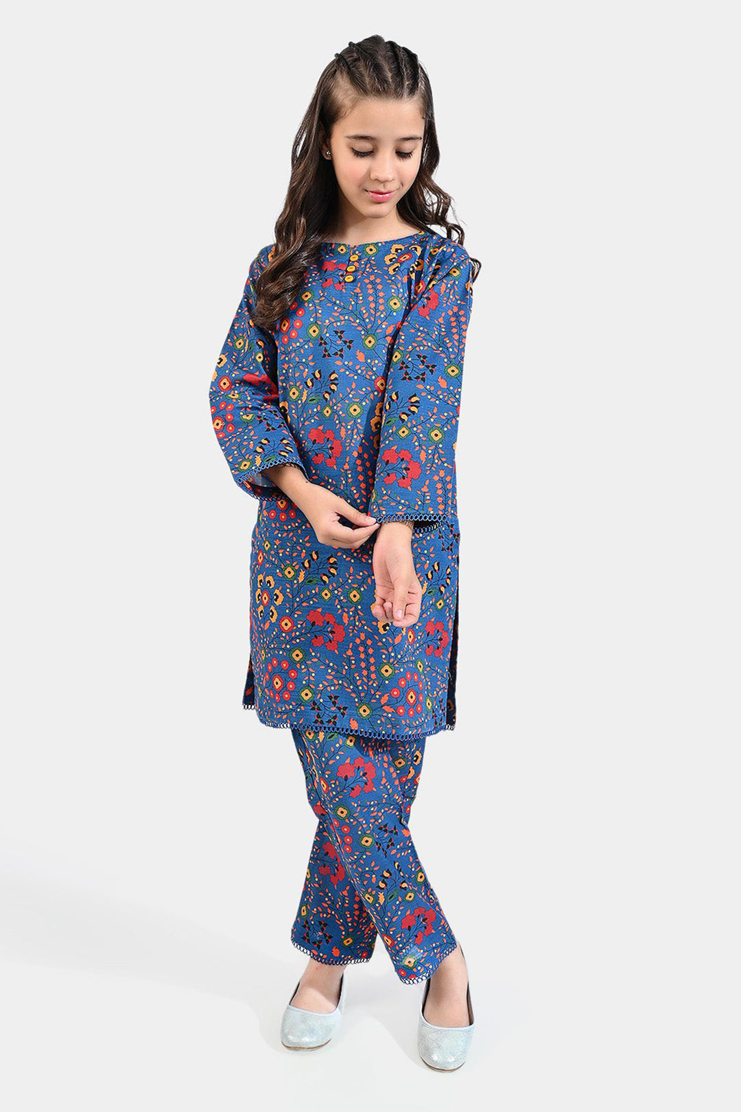 Girls Cotton Slub Printed 2 PCs Suit Phulkari - Navy Blue