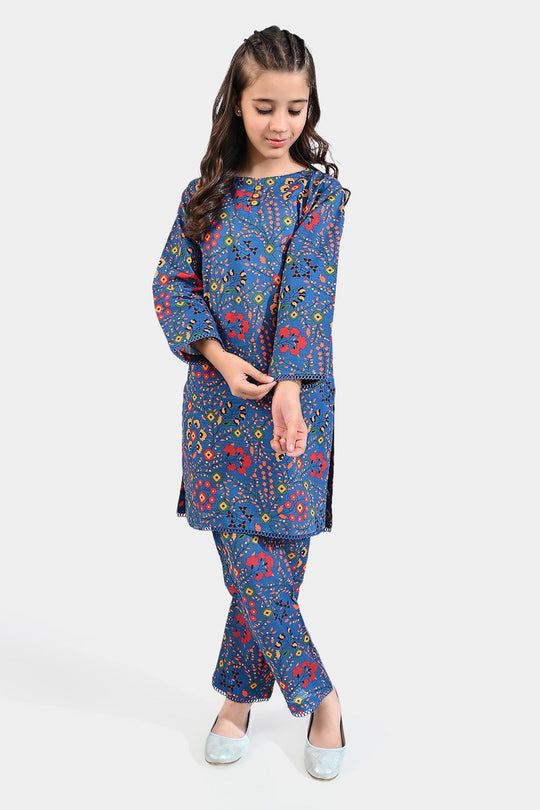 Girls Cotton Slub Printed 2 PCs Suit Phulkari - Navy Blue