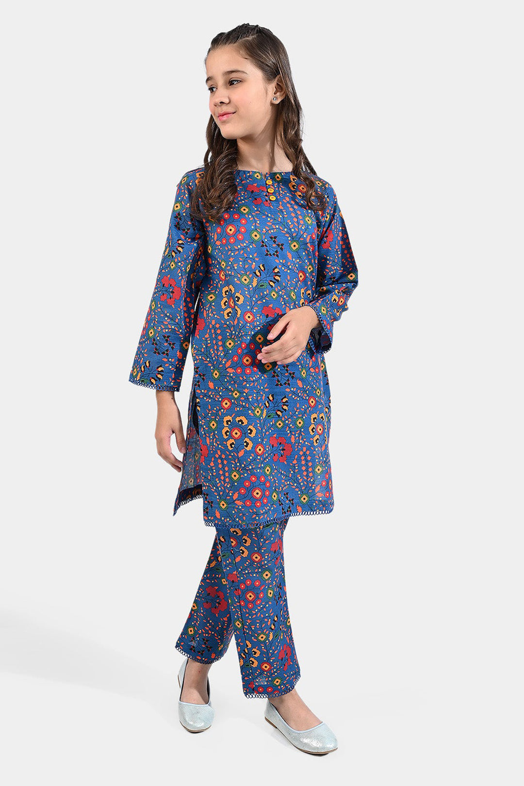Girls Cotton Slub Printed 2 PCs Suit Phulkari - Navy Blue
