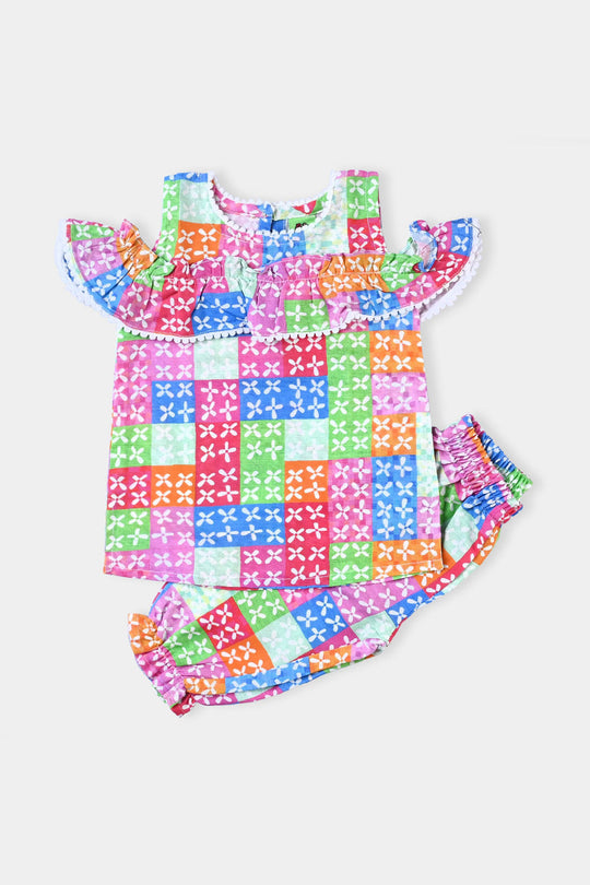 Infant Girl Cotton Slub Printed 2 PCs Suit Glamour-Multi